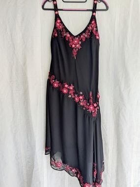 Y2K Whimsigoth Beaded Black Slip Dress With Asymmetric Hem